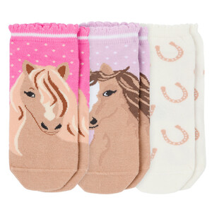 3 Paar Mädchen Sneaker-Socken mit Pferden PINK / HELLLILA / CREMEWEISS
