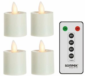SOMPEX LED-Kerze »4er Set Sompex Flame LED Teelicht« (Set, 5-tlg., 4 Teelichter, Höhe 3,1cm, Durchmesser 3,6cm, 1 Fernbedienung), fernbedienbar, integrierter Timer, Kunststoff, täuschend echtes K