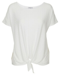 T-Shirt Lochmuster, Janina curved, Knotendetail, weiß
