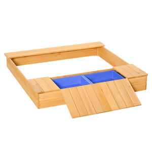 Outsunny Sandkasten Staubdichte Holzsandkasten mit 2 Aufbewahrungsbox 3-6 Jahren Natur+Blau 125 x 12