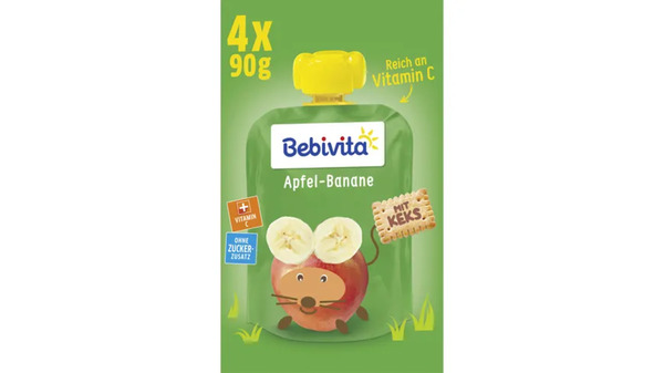 Bild 1 von Bebivita Kinder-Spaß mit Keks 4x90g im Quetschbeutel: Apfel-Banane mit Keks, geeignet ab 1 Jahr