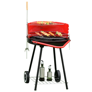 Outsunny Holzkohlegrill Rundgrill Standgrill auf Rollen mit Gitterrost BBQ Metall Rot