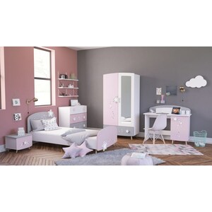 Kinderzimmer Sternschnuppe 5-tlg rosa weiß grau Kleiderschrank Kinderbett 2 Kommoden Schreibtisch