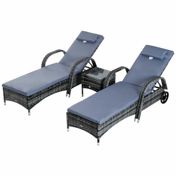 Bild 1 von Outsunny Rattan-Gartenliege als 3-teiliges Set grau   Sonnenliege mit Tisch Gartenmöbel Polyrattan Gartenset