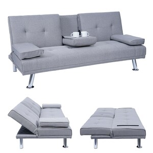 3er-Sofa MCW-F60, Couch Schlafsofa Gästebett, Tassenhalter verstellbar 97x166cm ~ Textil, hellgrau