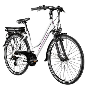 Zündapp Z802 E Bike Trekkingrad Damen ab 155 cm mit Nabenmotor Pedelec Trekking Fahrrad mit 21 Gang und Beleuchtung StVZO... 48 cm, weiß/lila