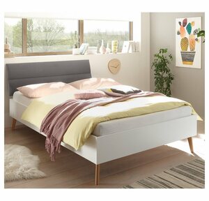 Lomadox Bett »MAINZ-61«, Doppelbett in weiß matt/grau, skandinavisches Design, mit Füßen aus Natureiche Massivholz B/H/T ca. 145x44x210 cm