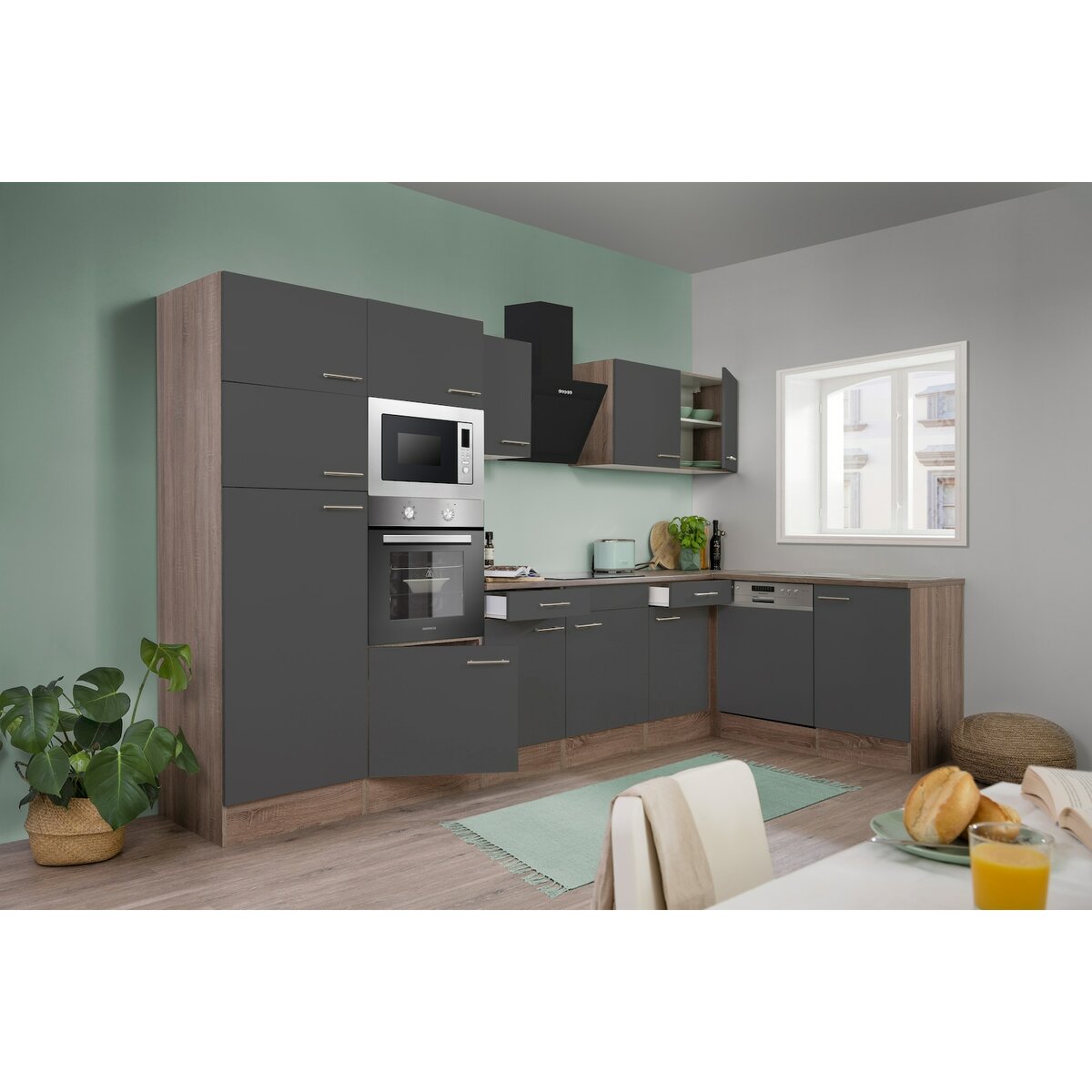 Bild 1 von Respekta Küchenprogramm Eiche York Winkelküche 340 cm inkl. E-Geräte & Mineralite Einbauspüle, grau