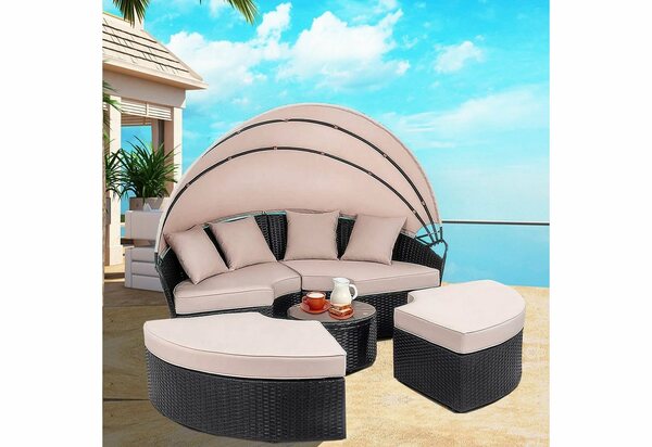 Bild 1 von Melko Gartenlounge-Set »Polyrattan Sonneninsel Sonnenliege mit Tisch & Kissen in Braun oder Schwarz 180CM Gartenmuschel Strandkorb Set Sitzgarnitur Sunbed Sitzfläche«, (Stück), Wasserabweisend