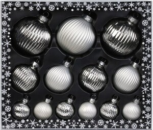 MAGIC by Inge Weihnachtsbaumkugel »Frosty Silver«, (Set, 13 St.), hochwertiger Echtglas-Weihnachtsschmuck, Strukturkugeln, Ø 4 cm, Ø 6 cm und Ø 8 cm