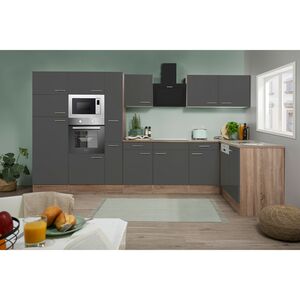 Respekta Küchenprogramm Eiche York Winkelküche 370 cm inkl. E-Geräte & Mineralite Einbauspüle, grau