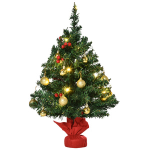 HOMCOM Weihnachtsbaum Christbaum mit Stechpalmenbeeren, Kugeln und LED-Lichtern Grün PVC ∅20 x 60 cm