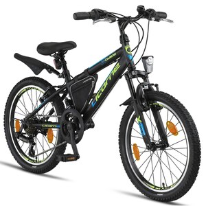 Licorne Bike Guide Premium Mountainbike in 20, 24 und 26 Zoll - Fahrrad für Mädchen, Jungen, Herren und Damen - Shimano 21 Gang-Schaltung, Kinderfahrrad, Kinder... Schwarz/Blau/Lime, 24