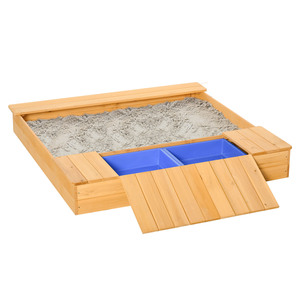 Outsunny Sandkasten Staubdichte Holzsandkasten mit 2 Aufbewahrungsbox 3-6 Jahren Natur+Blau 125 x 121 x 17,5 cm