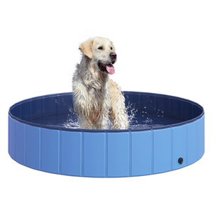 PawHut Hundepool Planschbecken Schwimmbecken Schwimmbad Hundebad PVC+Holz Blau Ø140 x H30 cm
