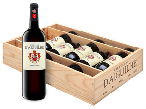 6 x 0,75-l-Flasche Château d'Aiguilhe Castillon Côtes de Bordeaux, Rotwein 2018 - Original-Holzkiste