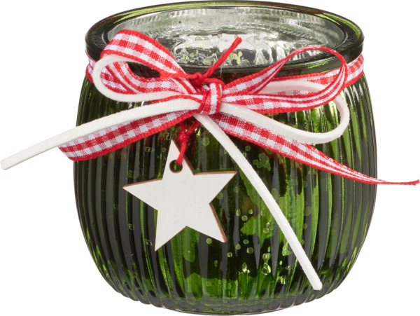 Bild 1 von BOLTZE Glaskerzenhalter mit Karoband, Lederband & Sternanhänger, metallic grün
