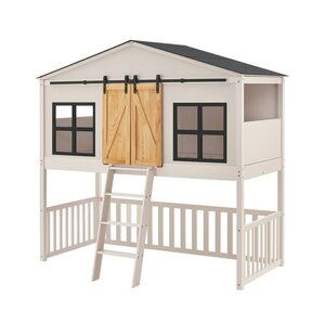 Juskys Kinderbett Farmhaus 90x200 cm mit Treppe, Dach & Lattenrost – Hausbett rosa für Kinder