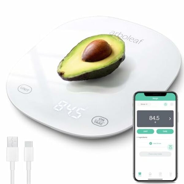 Bild 1 von arboleaf Digitale Küchenwaage, Küchenwaage Digital mit App für Aufnahmeprotokoll und Ernährungsrechner, Küchenwaage USB Aufladbar, LED Display und Tara Funktion, 5kg/1g, Weiß, 2022 Version Upda