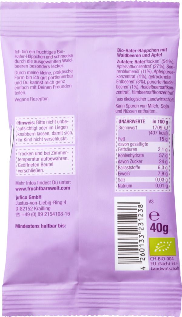 Bild 2 von FruchtBar Bio-Hafer-Häppchen Waldbeeren, Apfel, Hafer, 40 g