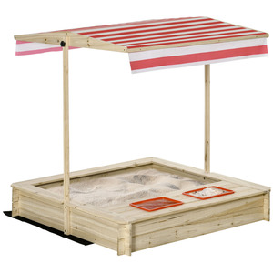 Outsunny Sandkasten Sandkiste für Kinder 3-8 Jahre mit absenkbarem und schwenkbarem Dach Kurbeldach 2 Kunststoffeinsätze Holz Natur 118 x 118 x 118 cm
