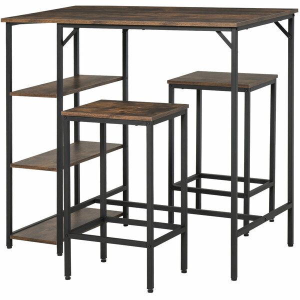 Bild 1 von HOMCOM Bartisch-Set Stehtisch mit 2 Barhockern 3-teiliges Tischset Küchentresen mit Regale Spanplatte Stahl Rustikales Braun+Schwarz 109 x 60 x 100 cm