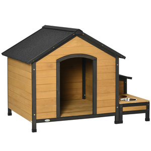 PawHut Hundehütte Hundezwinger isoliertes Hundehaus mit 2 Hundeschüsseln Asphaltdach Outdoor wetterfeste Hütte für draußen Tannenholz Naturholz 130 x 93 x 92 cm