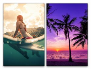Sinus Art Leinwandbild »2 Bilder je 60x90cm Palmen Surferin Traumstrand Sonnenuntergang Traumurlaub Karibik Surfen«