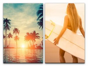 Sinus Art Leinwandbild »2 Bilder je 60x90cm Miami Palmen Surfen Urlaub Paradies Junge Surfbrett«