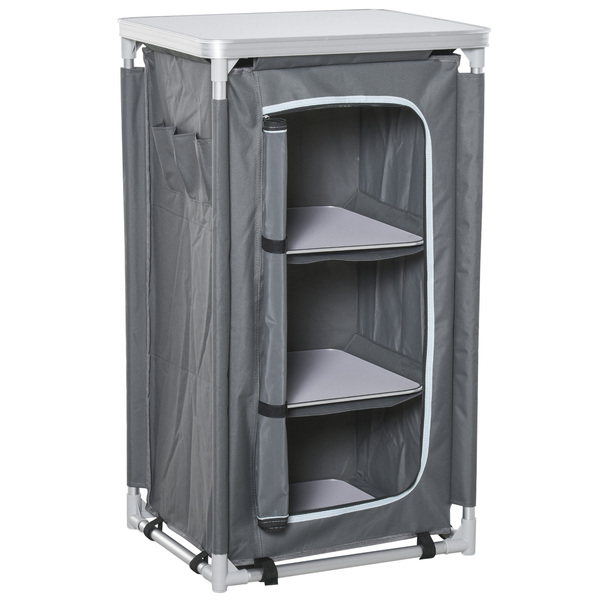 Bild 1 von Outsunny Campingschrank faltbar Küchenbox tragbar mit Arbeitsplatte Tragetasche 3 Ablagen 600D Oxford Stoff Grau 60 x 50 x 104,5 cm