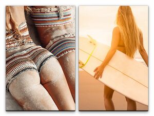 Sinus Art Leinwandbild »2 Bilder je 60x90cm Bikini Sandstrand Surfen Surfbrett Urlaub Erholung Sonne«