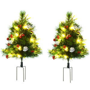 HOMCOM 2-er Set Weihnachtsbäume Mini Künstlicher Christbaum mit Tannenzapfen und rote Beere, Kugeln und LED-Lichtern Grün PVC Metall Ø33 x 75 cm