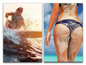 Sinus Art Leinwandbild »2 Bilder je 60x90cm Surfen Wellenreiten Bikini weißer Sand Sommer Traumurlaub Meer«