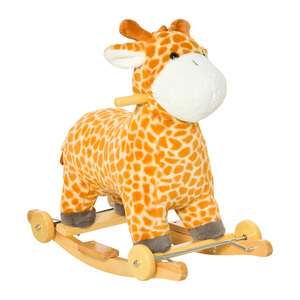HOMCOM 2-IN-1 Schaukelpferd mit Räder Plüsch Schaukeltier Babyschaukel Spielzeug für 36-72 Monaten Giraffen-Design Gelb 63 x 38 x 63 cm