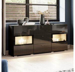 Lomadox Kommode »ARVADA-83«, Sideboard schwarz Hochglanz inkl. LED Beleuchtung mit Korpus in schwarz matt, B/H/T: ca. 132/70/39 cm