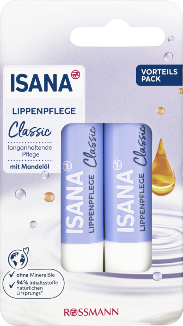 Bild 1 von ISANA ISANA LIPPENPFLEGE CLASSIC DOPPELPACK, 4,8 g
    
    
    2x4,8 Gramm wegen Doppelpack