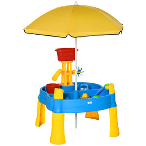 HOMCOM Sand- und Wasserspieltisch 2-in-1-Tischspielset für Sand- und Wasseraktivitäten im Freien 25 teiliges Strandspielzeug-Set mit Sonnenschirm