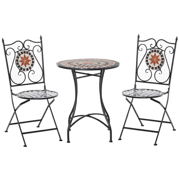 Bild 1 von Outsunny Garten Sitzgruppe 3-teilige Mosaiktisch Essgruppe Gartenmöbel-Set 1 Tisch+2 faltbare Stühle Terrasse Metall Mehrfarbing