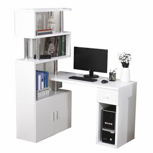 HOMCOM Schreibtisch in L-Form/I-Form Eckschreibtisch Computertisch Kombination-Tisch mit Bücherregal und Schublade Wabenplatte Edelstahl Weiß 