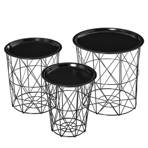 HOMCOM 3er-Set Beistelltisch mit Stauraum Nachttisch dekorativer Sofatisch mit abnehmbarem Deckel Korbablage Korbtisch Kaffeetisch Stahl Schwarz