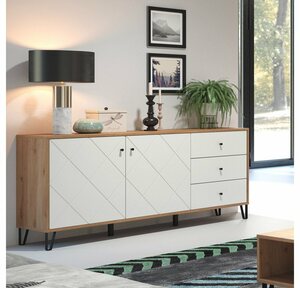 Lomadox Kommode »TORINO-19«, Sideboard modern Wohnzimmer in Artisan Eiche Nb. mit weiß matt und Metallfüßen, B/H/T: ca. 183/76/40 cm