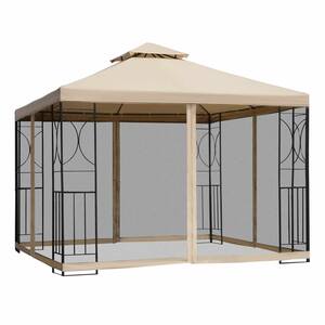 Outsunny Gartenpavillon Pavillon Festzelt Partyzelt wetterfest Zelt mit 4 Ablagen Metall + Polyester Beige 3 x 3 m