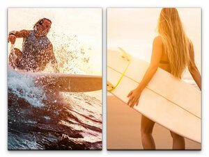 Sinus Art Leinwandbild »2 Bilder je 60x90cm Surfer Surfen junge Frau Surfbrett Strand Meer Sommer«