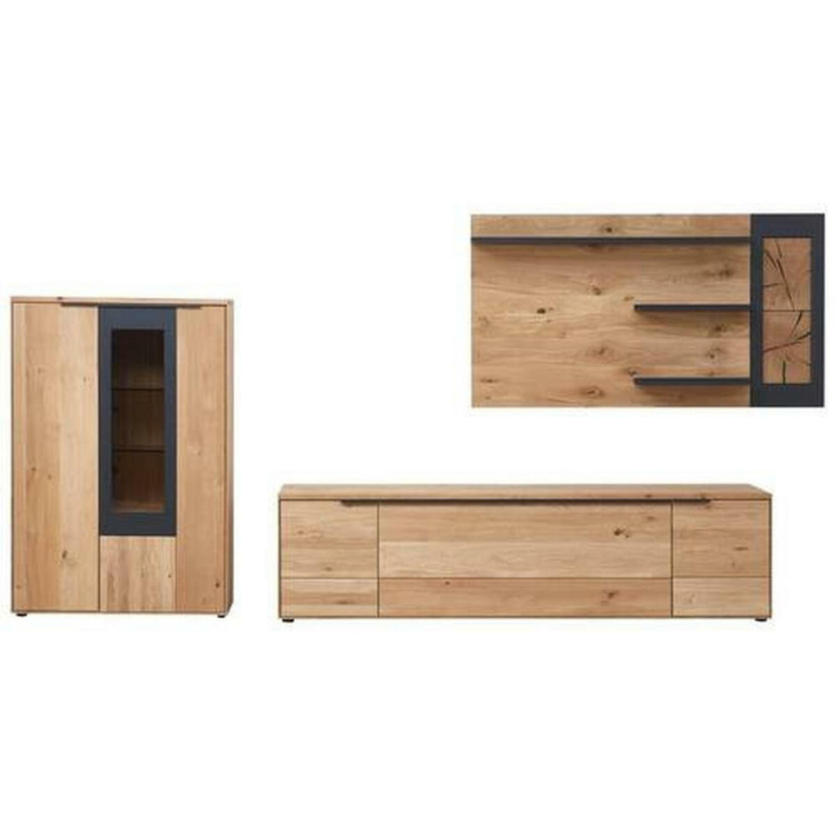 Bild 1 von Escando Natürlich Wo Wohnwand, Schwarz, Eiche, Metall, Wildeiche, massiv, 8 Fächer, 1 Schubladen, 342.4x169.8x45.2 cm, EN 71, Typenauswahl, Beimöbel erhältlich, umfangreiches Zubehör erhältlich