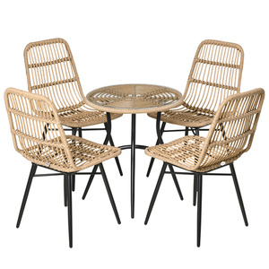 Outsunny 5-tlg. Polyrattan Gartenmöbel Set Essgruppe Esstisch mit 4 Stühlen Gartensitzgruppe mit Beistelltisch Gartenset Outdoor Metall Natur