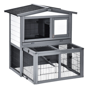 PawHut Kleintierstall Stall mit Rampe für Kleintiere mit Freilauf Tannenholz Grau+Weiß 101,5 x 90 x 100 cm