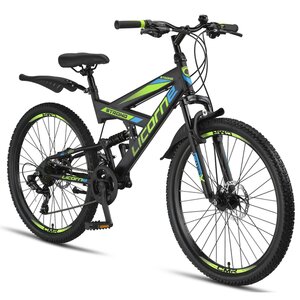Licorne Bike Strong 2D Premium Mountainbike in 26, 27,5 und 29 Zoll - Fahrrad für Jungen, Mädchen, Damen und Herren - Scheibenbremse vorne und hinten - Shimano 21 Gang-Schaltung -... Schwarz/Blau/L