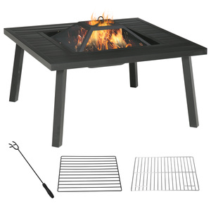 Outsunny Feuerschale Feuertisch mit Schürhaken Funkenschutz Feuerkorb Feuerstelle für Garten Camping BBQ Stahl Schwarz 81 x 81 x 53 cm