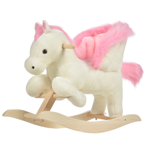 HOMCOM Kinder Schaukelpferd Baby Schaukeltier Pferd mit Tiergeräusche Spielzeug Haltegriffe für 18-36 Monate Plüsch Weiß+Rosa 70 x 28 x 57 cm