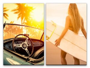 Sinus Art Leinwandbild »2 Bilder je 60x90cm Florida Oldtimer Surferin Sommer Traumurlaub Surfen Palmen«